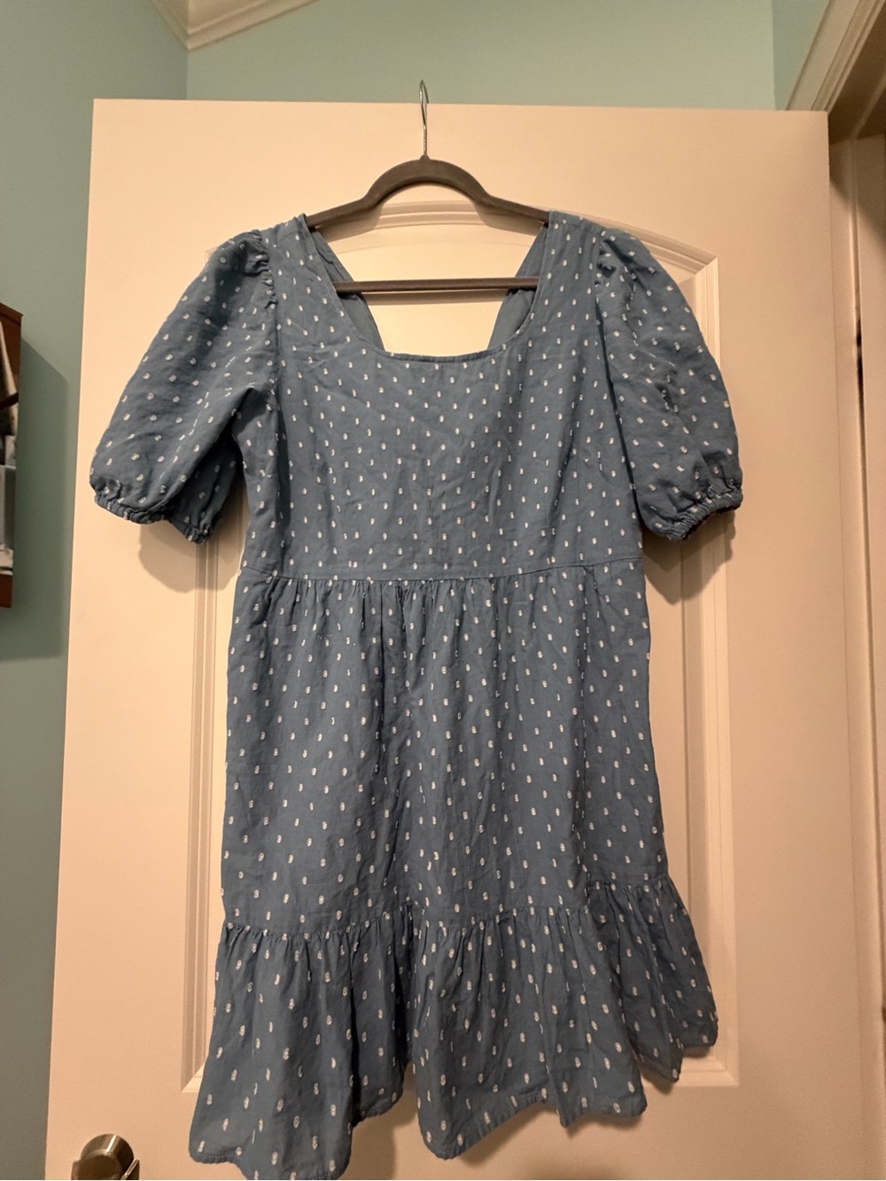 LOFT Light Blue Puff Sleeve Mini Dress with White Dot Pattern